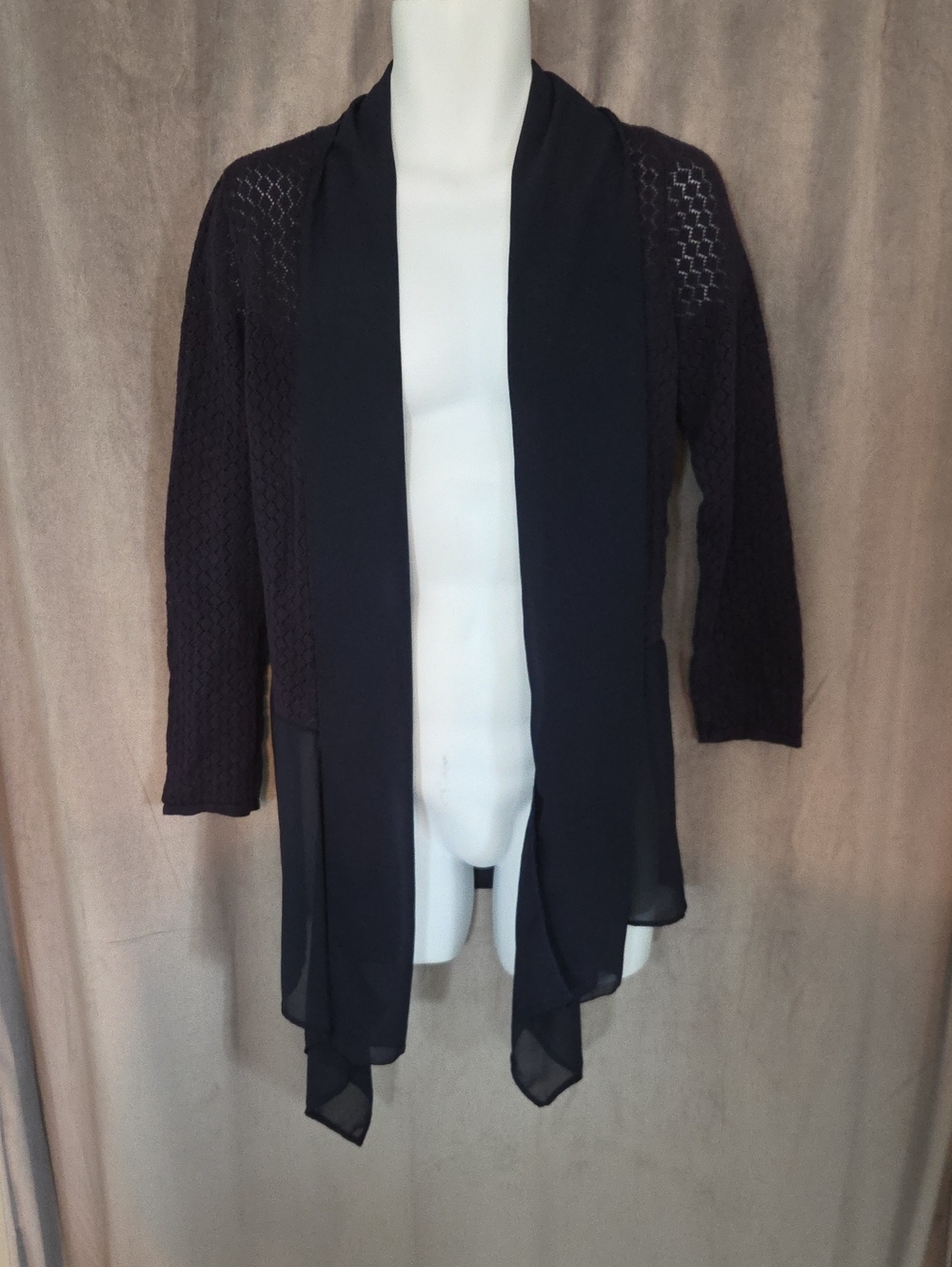 august silk Size Large Blue Knit & Chiffon Open-Front Draped Cardigan